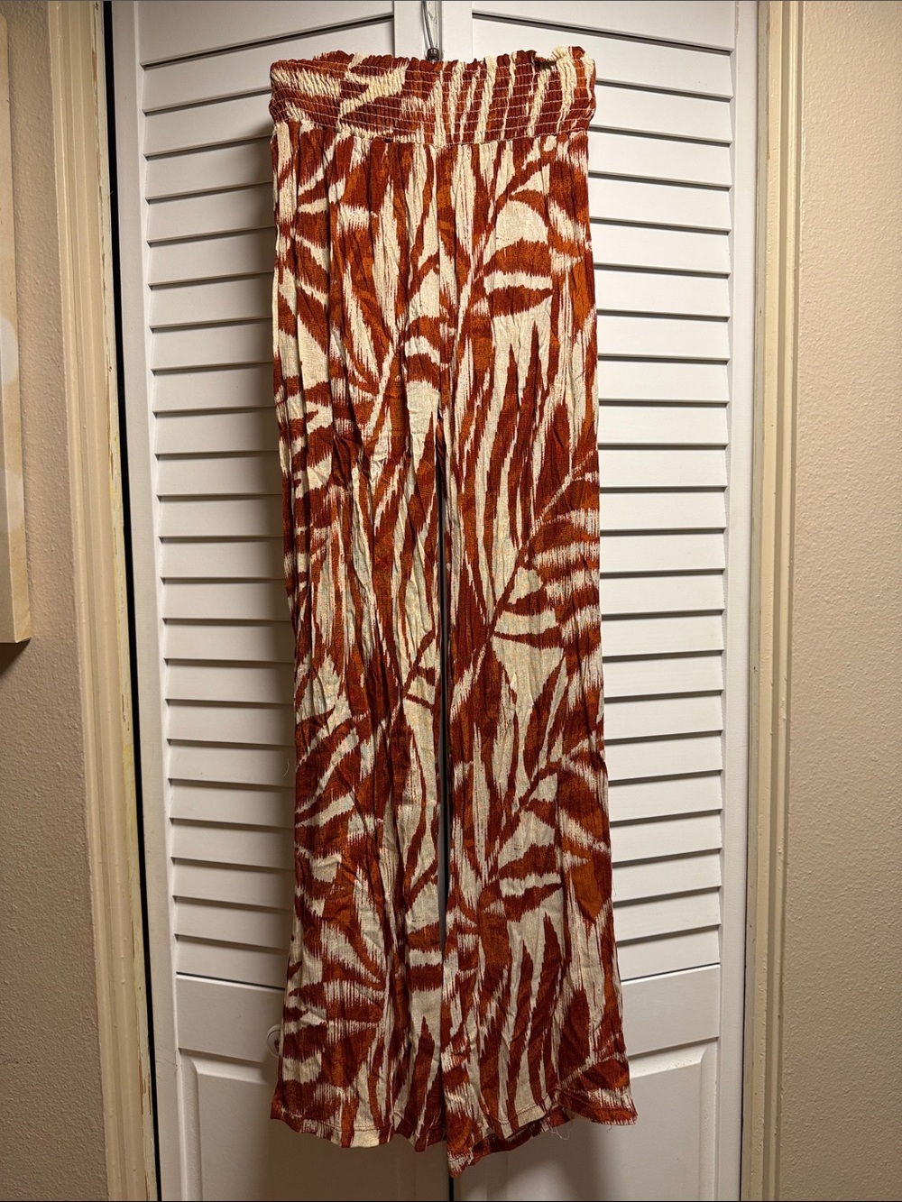 Smocked Waist Rust Leaf-Print Wide Leg Pants